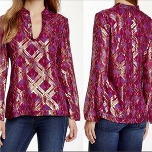 Tory Burch Geometric Purple and Gold Blouse